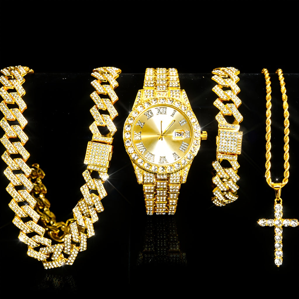 Luxury Cuban Link Jewelry Set for Men & Women – Necklace, Bracelet, Pendant & Wristwatch Full Set, Multiple Colors, Perfect Valentine’s Day, Christmas & Birthday Gift