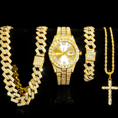 Luxury Cuban Link Jewelry Set for Men & Women – Necklace, Bracelet, Pendant & Wristwatch Full Set, Multiple Colors, Perfect Valentine’s Day, Christmas & Birthday Gift
