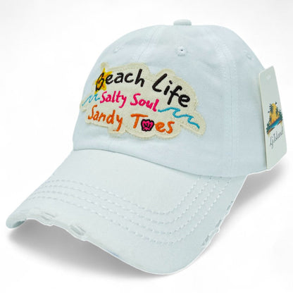 Beach Life Salty Soul Sandy Toes Vintage Distressed Embroidered Baseball Cap – Local Artist Design, 100% Cotton UV Protection Adjustable Coastal Sun Hat, Beach Lover Gift