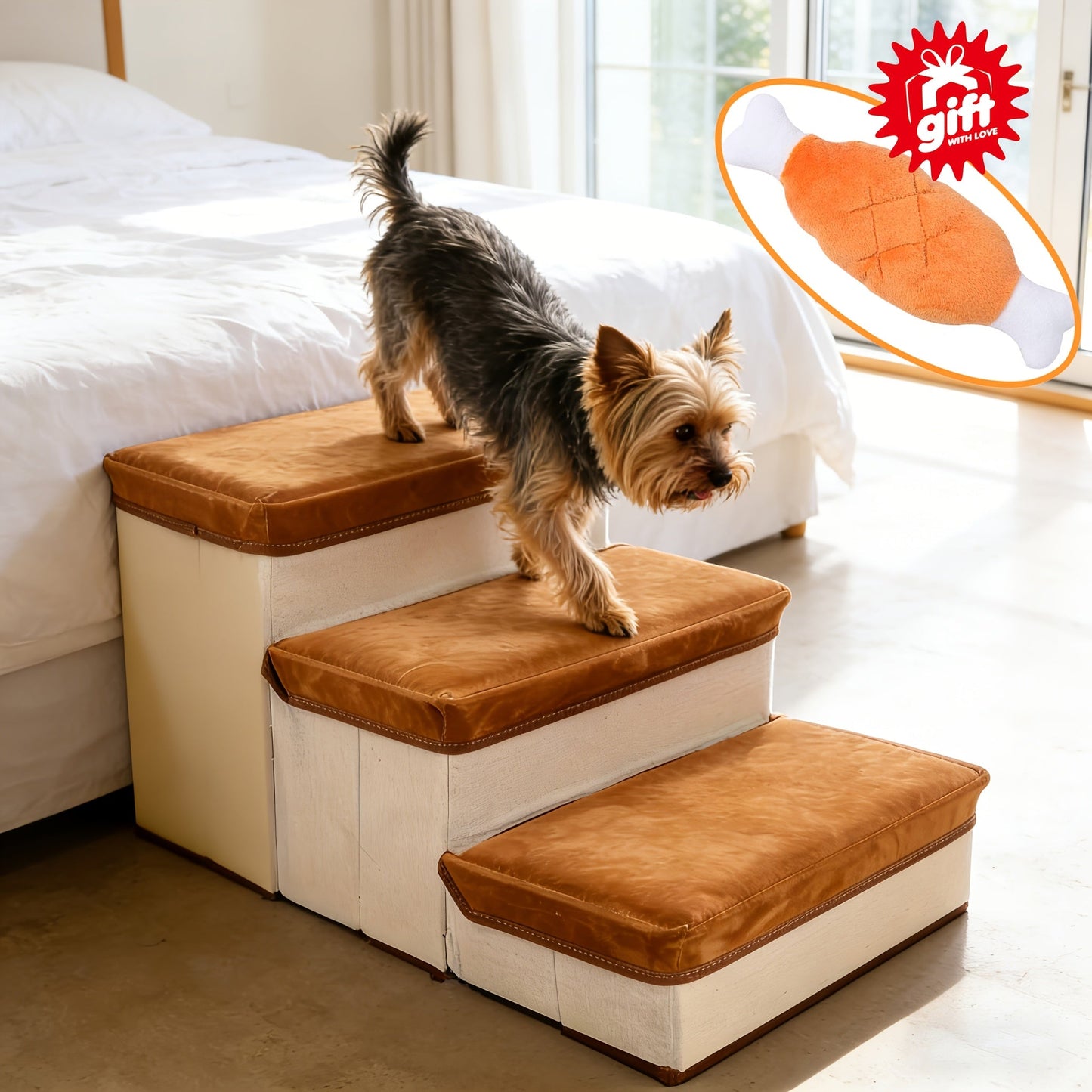 3-Tier Foldable Dog Stairs for Small Dogs – Non-Slip Nylon Pet Ramp for High Beds & Sofas, Compact Foldable Design, Brown & White, Includes Bonus Chicken Leg Plush Toy