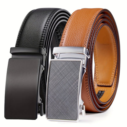 Men's Ratchet Belt 2 Pack Leather – Trim-to-Fit Adjustable Dress and Casual Belt for Men Waist 28" to 52" Black Brown Tan Navy Blue Gift