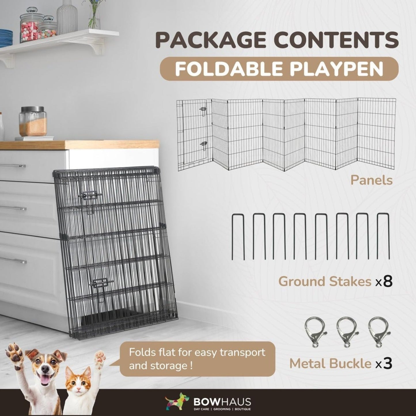 Foldable Dog Playpen 8 Panel – Heavy-Duty Metal Pet Kennel with Gate for Indoor & Outdoor Use, Portable Exercise Fence Cage for Small Dogs & Animals, Available in 24"/30"/36" Heights