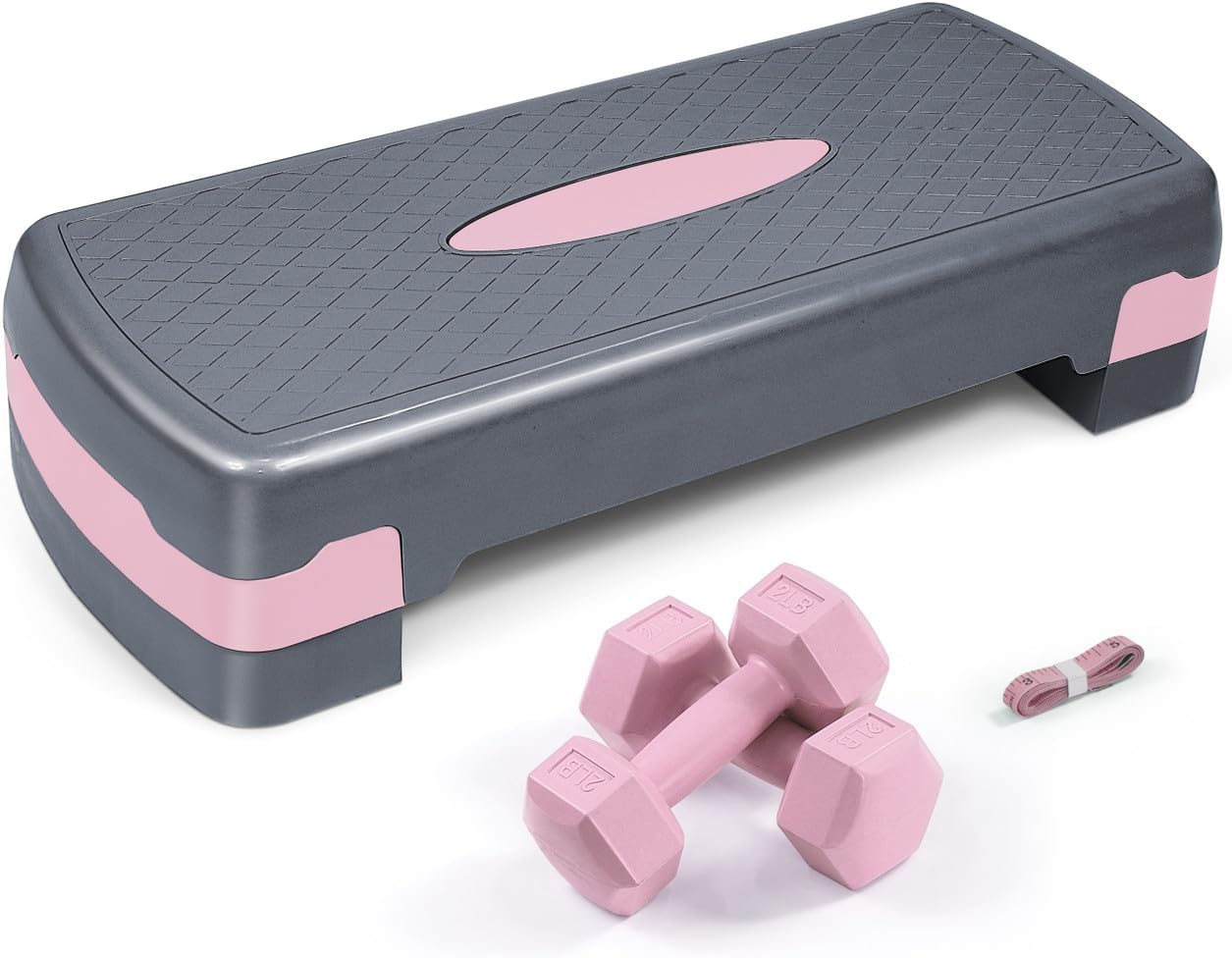 Adjustable Height Aerobic Stepper Set with 2 Dumbbells & Measuring Tape – Non-Slip Exercise Step Platform with Level Risers, 550 LB Capacity, Home Gym Workout Equipment for Cardio & Weight Loss
