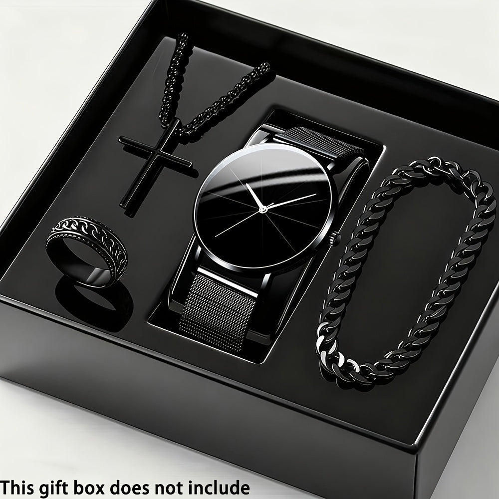 4-Piece Men's Quartz Watch and Bracelet Gift Set - Elegant Alloy Case Round Dial Sports Casual & Business Wristwatches with Matching Bracelet for Everyday Wear, Birthdays & Anniversaries