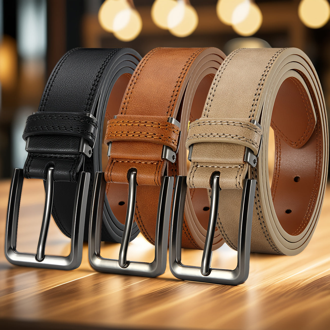 3pcs Men's Genuine Leather Belt Set with Pin Buckle – Classic Vintage Cowhide Adjustable Jean Belts for Men, Multiple Colors & Sizes