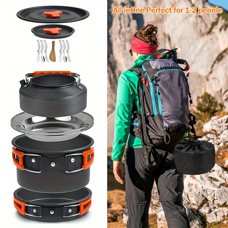 Portable Camping Cookware Set for 2-3 People – Nonstick Pot, Frying Pan & Kettle with Foldable Storage, Lightweight Outdoor Camp Kitchen Kit for Hiking, Backpacking & Travel