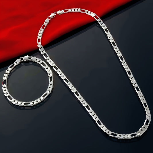 925 Sterling Silver Bracelet & Necklace Jewelry Set 2pcs Unisex – Hip Hop Chain Link Design for Men & Women, Perfect Christmas, Wedding & Gift for Him or Her