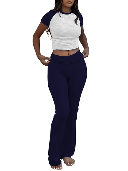 Women's Two-Piece Outfit Set - Slim Fit Short Sleeve Crew Neck T-Shirt & Skinny Flared Leg Pants, Casual Solid Color Matching Loungewear Tracksuit for Everyday Streetwear, Sizes XS-XL
