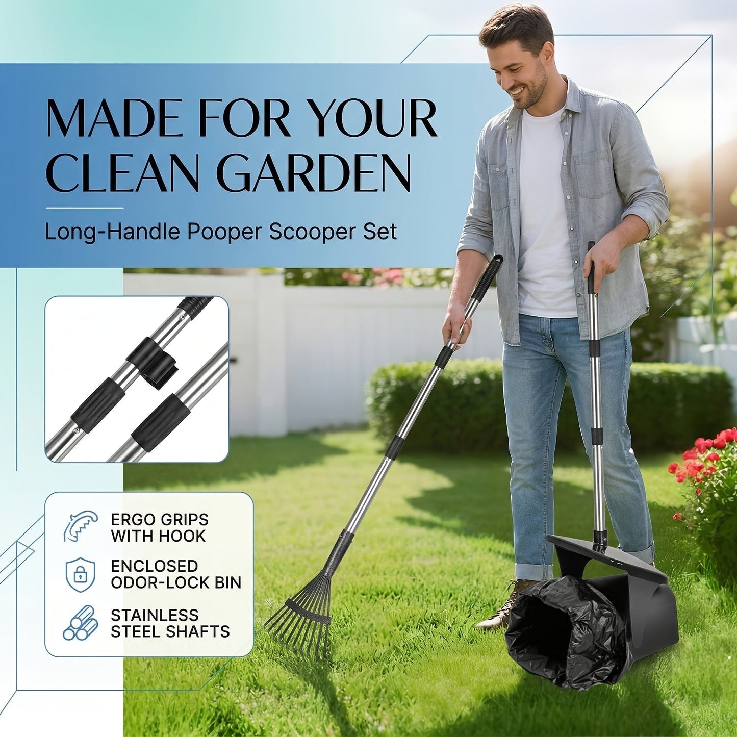 Dog Pooper Scooper Set Heavy Duty with Swivel Bin, Rake & Spade – Long Handle Pet Waste Removal Tool for Grass, Dirt & Gravel, Includes 40 Waste Bags, Great for Large Dogs