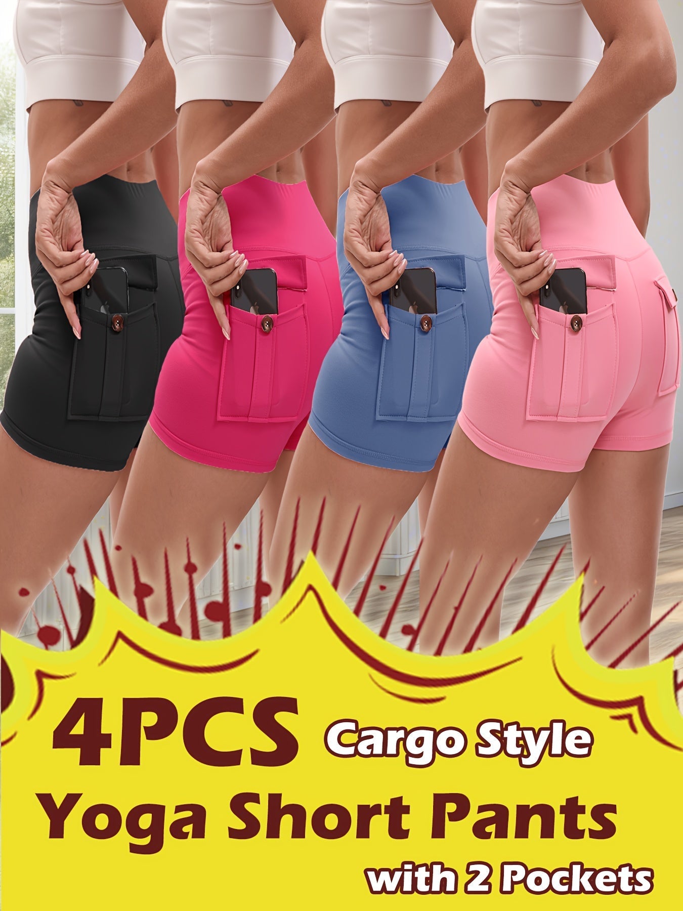 4-Piece Women's High-Stretch Yoga Shorts Set – Hip Lifting Quick-Dry Fitness Shorts with Elastic Waist & 2 Pockets, Solid Color Athletic Short Pants for Gym Running Pilates, S-XXL