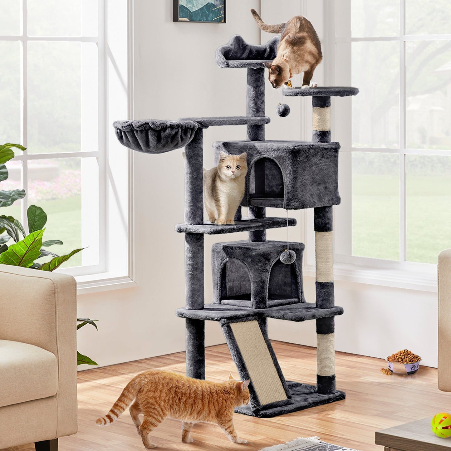 57-Inch Multilevel Cat Tree Tower with 2 Condos – Sisal Scratching Posts, Dangling Ball, Round Platform & Ladder for Indoor Kittens & Small Cats, 6 Colors, Christmas Gift for Cat Lovers