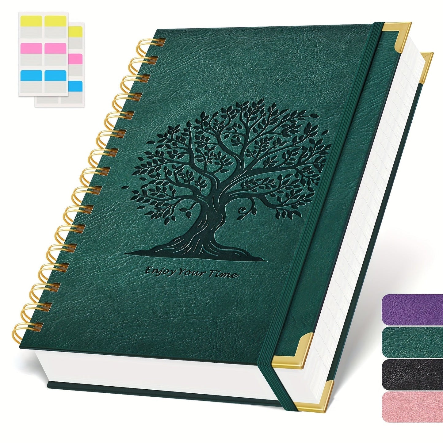 A5 Spiral Notebook Hardcover 300 Pages – Thick 100GSM No Bleed-Through Paper, Leather Cover Journal for College, Work & Writing – For Men & Women (Pink, Black, Green, Purple)