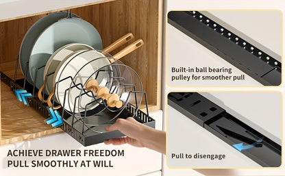 Pull-Out Pot & Pan Cabinet Organizer with Sliding Lid Rack – 8/16 Adjustable Dividers, Drill-Free Install, Kitchen Sliding Storage Box for Lids, Baking Tools & Plates – 1pc or 2pcs, Black & White