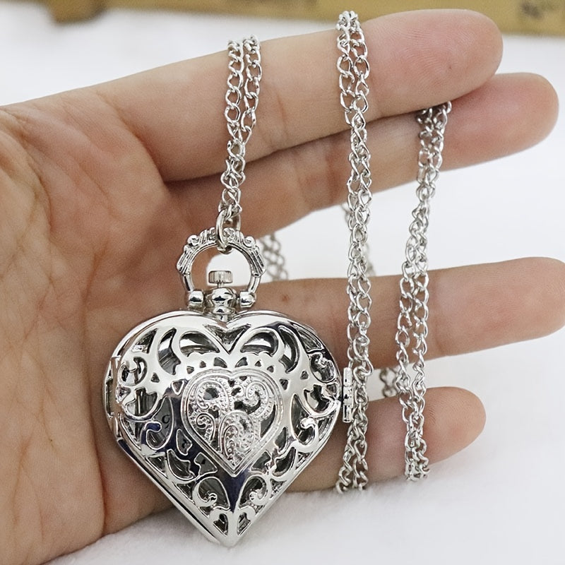 Retro Heart Shaped Pocket Watch Necklace for Women – Vintage Silver Hollow Quartz Pendant Sweater Chain Jewelry Gift for Ladies