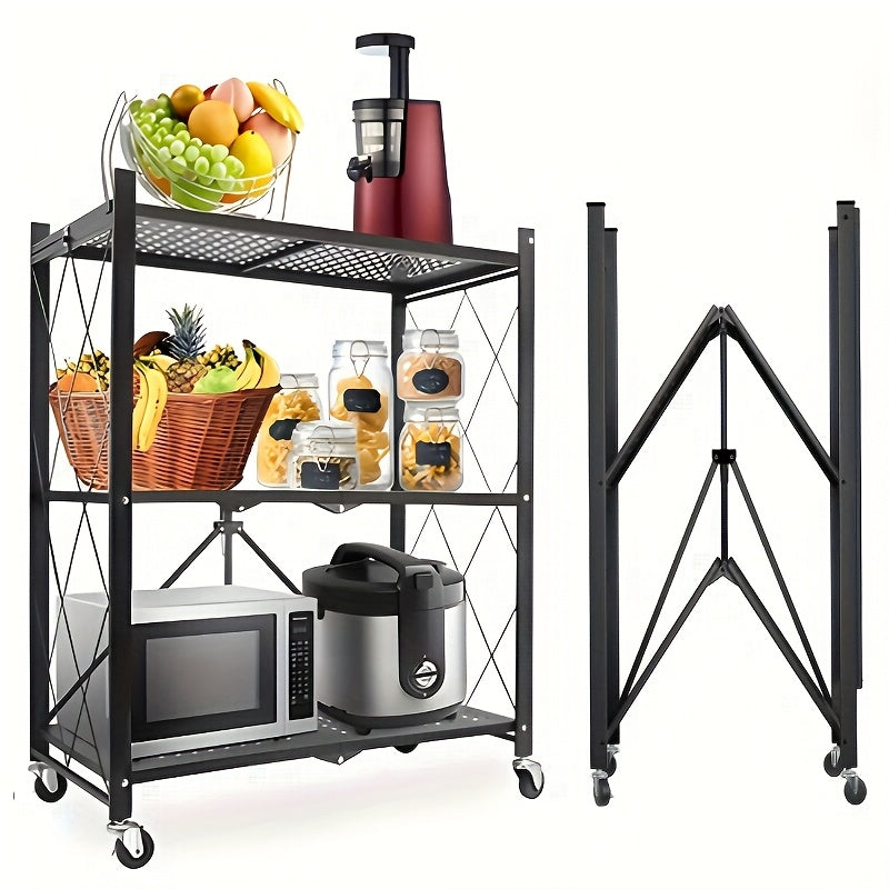 3-Layer Heavy Duty Foldable Metal Storage Rack with Wheels 750 LBS Capacity – Movable Rolling Shelving Unit for Garage, Kitchen, Warehouse & Home Organization, Black