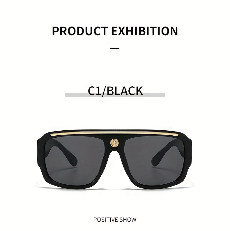 Cyberpunk Oversized Square Sunglasses for Men – Extra Large Frame 139mm+, Black & Gold Metal Trim, Decorative Lens, Futuristic Street Fashion & Cosplay Eyewear