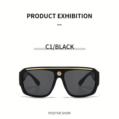 Cyberpunk Oversized Square Sunglasses for Men – Extra Large Frame 139mm+, Black & Gold Metal Trim, Decorative Lens, Futuristic Street Fashion & Cosplay Eyewear