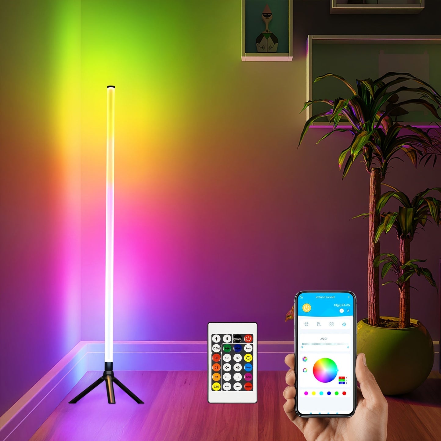 RGB LED Floor Lamp 16 Million Colors 300+ Modes Music Sync App Remote Control Smart Corner Standing Lamp USB Powered for Bedroom Living Room Game Room Decor