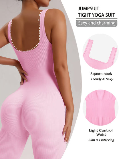Women's Sleeveless Square Collar Jumpsuit – 90% Nylon Stretch Fabric, Thick & Opaque Active Wear for Yoga, Pilates, Running, Fitness & Everyday Events, Sizes S-XL, Multiple Colors