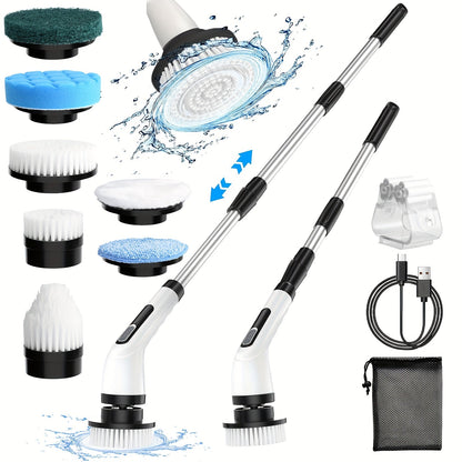 Electric Spin Scrubber with 7 Replaceable Brush Heads – Cordless, Dual Adjustable Speeds, Adjustable Detachable Handle, for Bathroom, Tub, Tile & Floor Cleaning