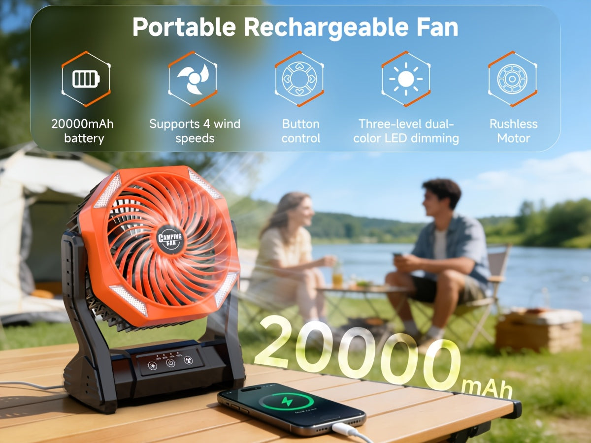 20000mAh Camping Fan with LED Light – 4 Wind Speeds, Brushless Motor, 180° Oscillation, 22-26H Battery Life, 3-in-1 Portable Outdoor Desk Fan for Camping, Hiking, Picnic & Emergency Use – 6 Colors