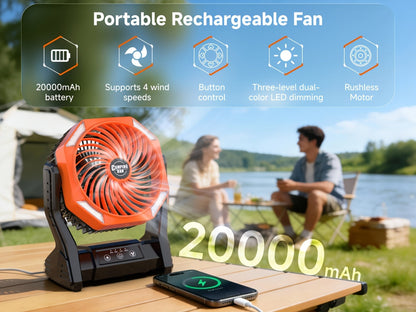 20000mAh Camping Fan with LED Light – 4 Wind Speeds, Brushless Motor, 180° Oscillation, 22-26H Battery Life, 3-in-1 Portable Outdoor Desk Fan for Camping, Hiking, Picnic & Emergency Use – 6 Colors