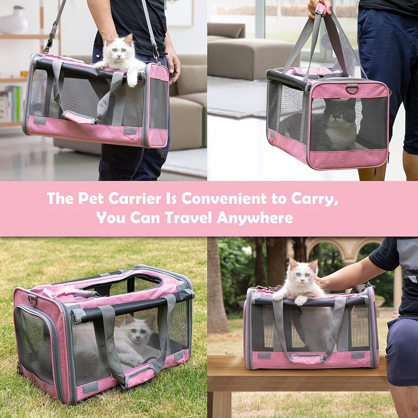 Airline Approved Pet Carrier Soft Sided – Breathable Collapsible Travel Bag for Cats & Small Dogs with Accessories Bundle Collar Bowls or Pet Glove 10 Colors Pink Blue Black Gray Navy Green Orange