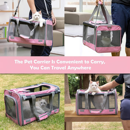 Airline Approved Pet Carrier Soft Sided – Breathable Collapsible Travel Bag for Cats & Small Dogs with Accessories Bundle Collar Bowls or Pet Glove 10 Colors Pink Blue Black Gray Navy Green Orange