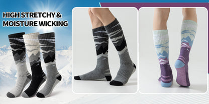 Wool Ski Socks 3 Pairs Thermal Knee High for Men & Women – Thick Warm Winter Socks for Skiing, Snowboarding & Outdoor Sports, 70% Wool, Sizes M & L, Multicolor / Dark / Snow Mountain