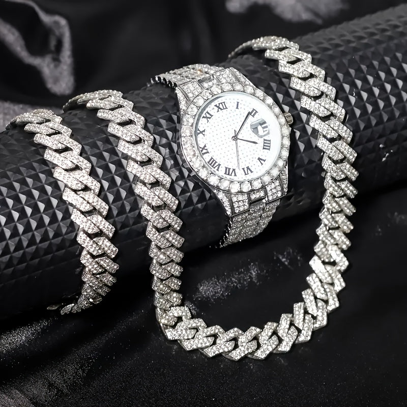 Men's Hip Hop Rhinestone Bling Watch Set with Waterfall Chain Bracelet & Necklace – Sparkling Quartz Watch Jewelry Set for Men, 3pc & 5pc, Perfect Holiday Gift