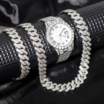 Men's Hip Hop Rhinestone Bling Watch Set with Waterfall Chain Bracelet & Necklace – Sparkling Quartz Watch Jewelry Set for Men, 3pc & 5pc, Perfect Holiday Gift