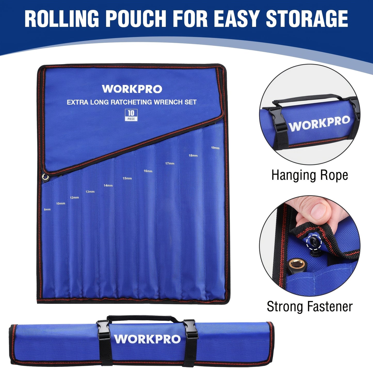 WORKPRO 10pc Extra Long Ratcheting Wrench Set – Anti-Slip Double Box Wrenches Metric 8-19mm, 72-Teeth Cr-V Steel, Black Electrophoretic Coating, Rolling Pouch Included, Professional Hand Tool Kit