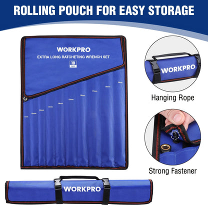 WORKPRO 10pc Extra Long Ratcheting Wrench Set – Anti-Slip Double Box Wrenches Metric 8-19mm, 72-Teeth Cr-V Steel, Black Electrophoretic Coating, Rolling Pouch Included, Professional Hand Tool Kit