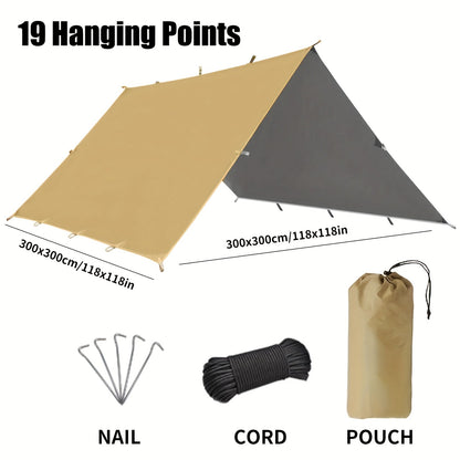 Waterproof Camping Tarp Shelter 19 Tethering Points Hammock Rain Fly Sunshade Lightweight Survival Tarpaulin for Hiking Backpacking Cycling DIY Outdoor Canopy Sun Protection Emergency Shelter