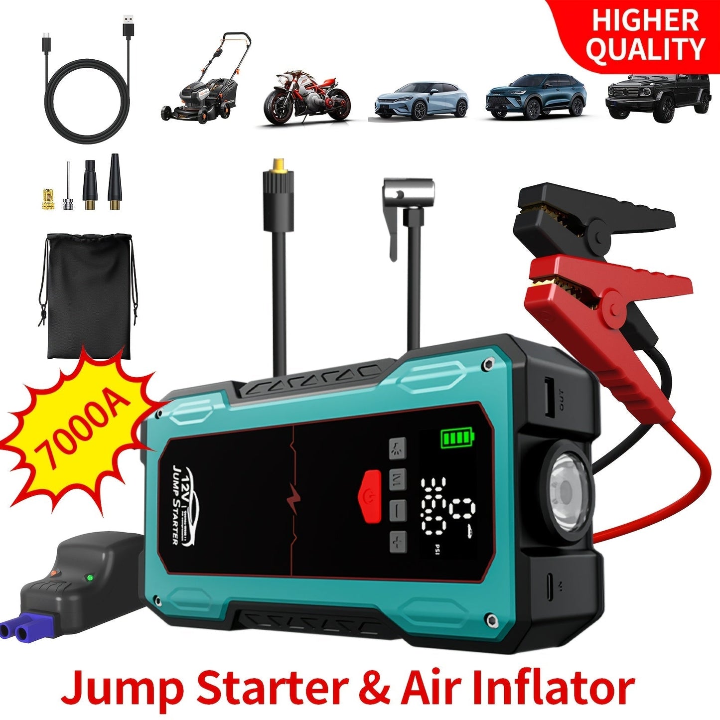 7000A Portable Jump Starter with Air Compressor – 5000A/7000A Peak Battery Pack with 150PSI Digital Tire Inflator, Fits 10L Gas & 2.38gal Diesel, Fast USB Charging & LED Emergency Light