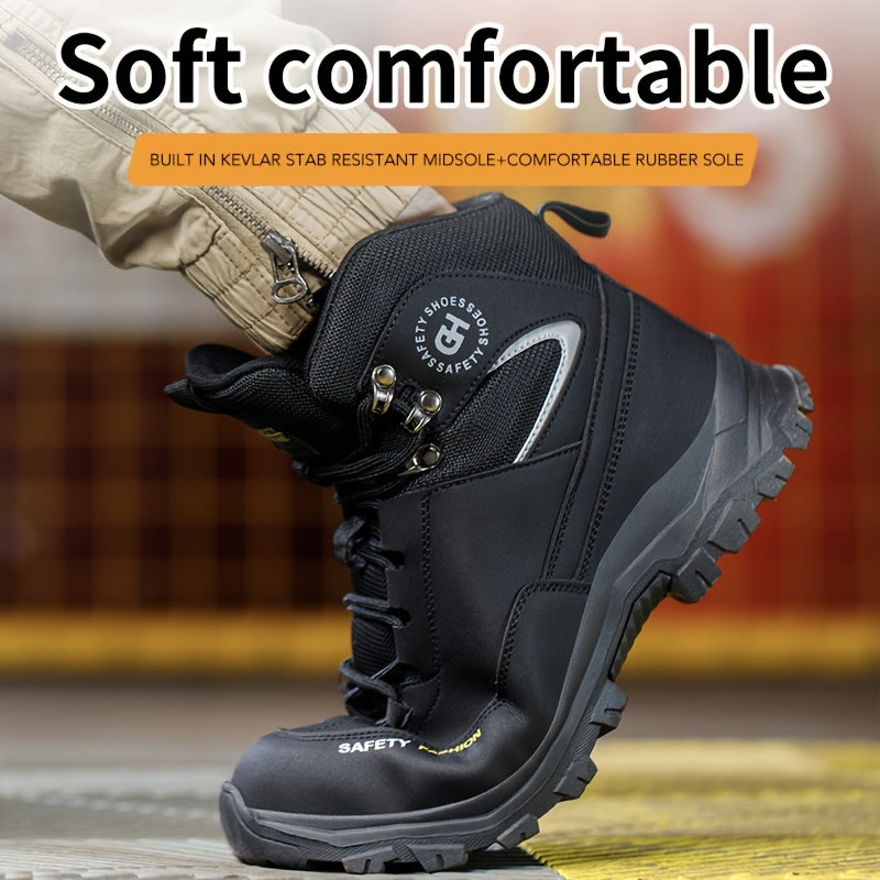 Steel Toe Work Boots for Men Heavy Duty All-Terrain Rubber Sole Cushioned Insole Arch Support Four-Season Construction Industrial Farm Outdoor Boots Black Army Green Sizes US 6-11