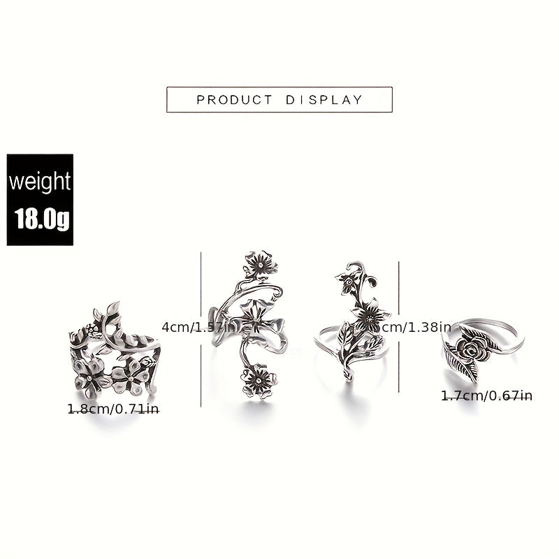 925 Sterling Silver Vintage Stackable Floral Ring Set for Women – 4 Piece Boho Stacking Rings, Elegant Minimalist Band Jewelry, Perfect Gift for Her Birthday Anniversary Christmas