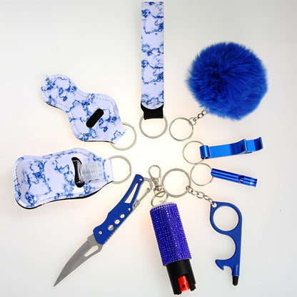 Women's Personal Safety Keychain Set with Whistle Pocket Knife and Spray Compact Self Defense Accessories for Daily Outings Holiday Birthday Gift 6 Colors