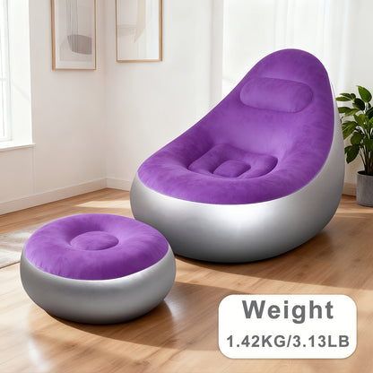 Inflatable Sofa Set 2 Piece Adult Recliner Lounge Chair with Footstool Plush Fabric Heavy Duty Portable Folding Air Couch with Pump Indoor Outdoor Camping Beach Living Room Patio