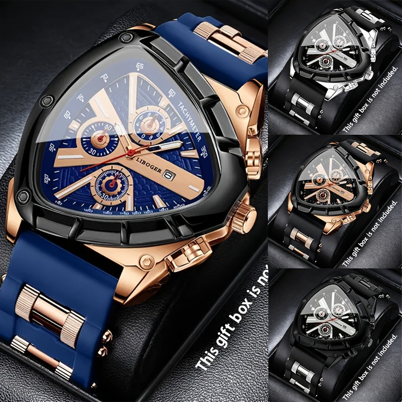3pcs Men's Quartz Watch Set – Silicone Strap Date Display Triangular Dial, Fashion Sport Casual Wrist Watches for Men, Ideal Birthday Anniversary Gift Set