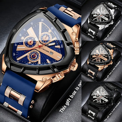 3pcs Men's Quartz Watch Set – Silicone Strap Date Display Triangular Dial, Fashion Sport Casual Wrist Watches for Men, Ideal Birthday Anniversary Gift Set