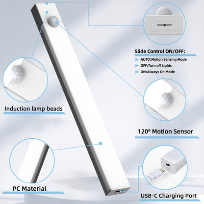 Smart LED Motion Sensor Lights 6 Pack – USB Rechargeable Magnetic Night Light Strips 3 Sizes, Detachable Cabinet Lights for Stairs, Shelves, Closet & Indoor Use