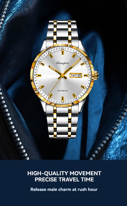 Men's Automatic Self-Winding Mechanical Watch – Slim Stainless Steel Band, Luminous Hands, Calendar Display, No Battery Needed – Luxury Business Dress Watch Gift