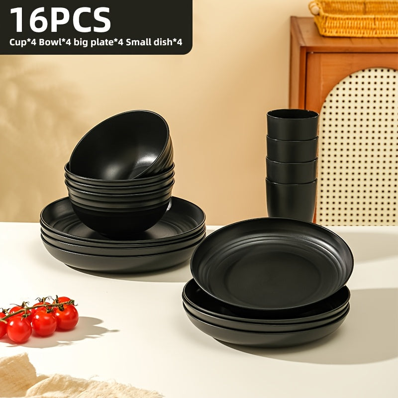 Black Wheat Straw Tableware Set – 16/32 Piece Unbreakable Eco-Friendly Plates Dessert Plates Bowls & Cups for 4-8 People, Outdoor Camping Party Wedding Halloween Kitchen Accessories