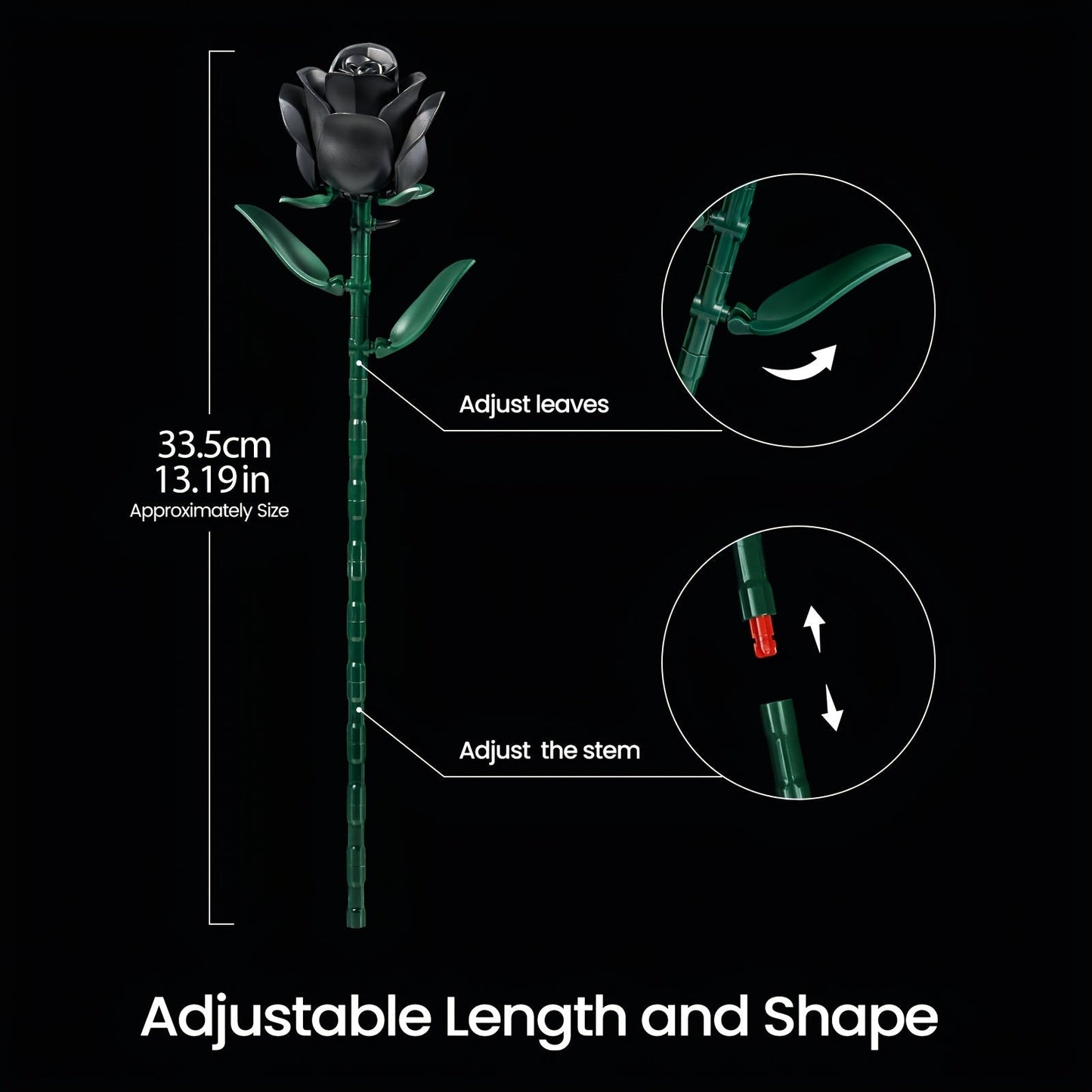 Gothic Black Rose 3D Building Brick Set 152 Pieces Artificial Flower Bouquet Display Model Kit Three Black Roses Unique Gift for Adults Teens Valentine Birthday Halloween Christmas
