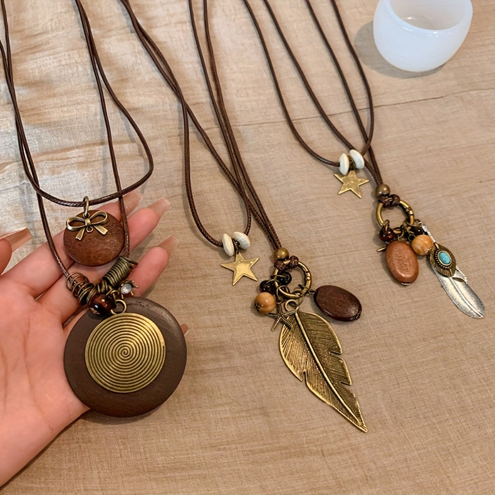 5 Piece Bohemian Layered Necklace Set for Women – Retro Boho Sweater Chain Y-Shaped Necklace with Feather Leaf Butterfly Star Pendants, Fashionable Stackable Jewelry Gift for Daily Wear and Banquets