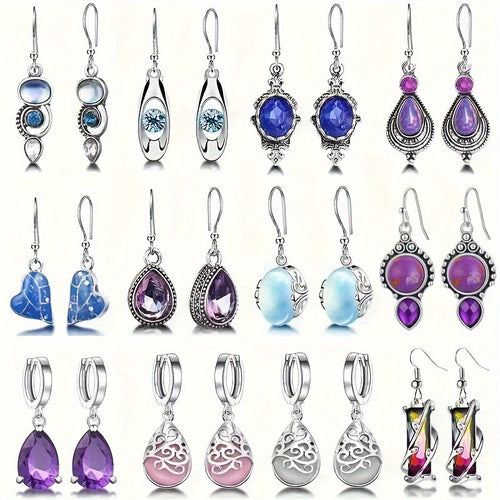 12 Pairs Boho Dangle Earrings Set for Women Colorful Moonstone Cat's Eye Water Drop Pendant Earrings Bohemian Elegant Jewelry Gift for Her