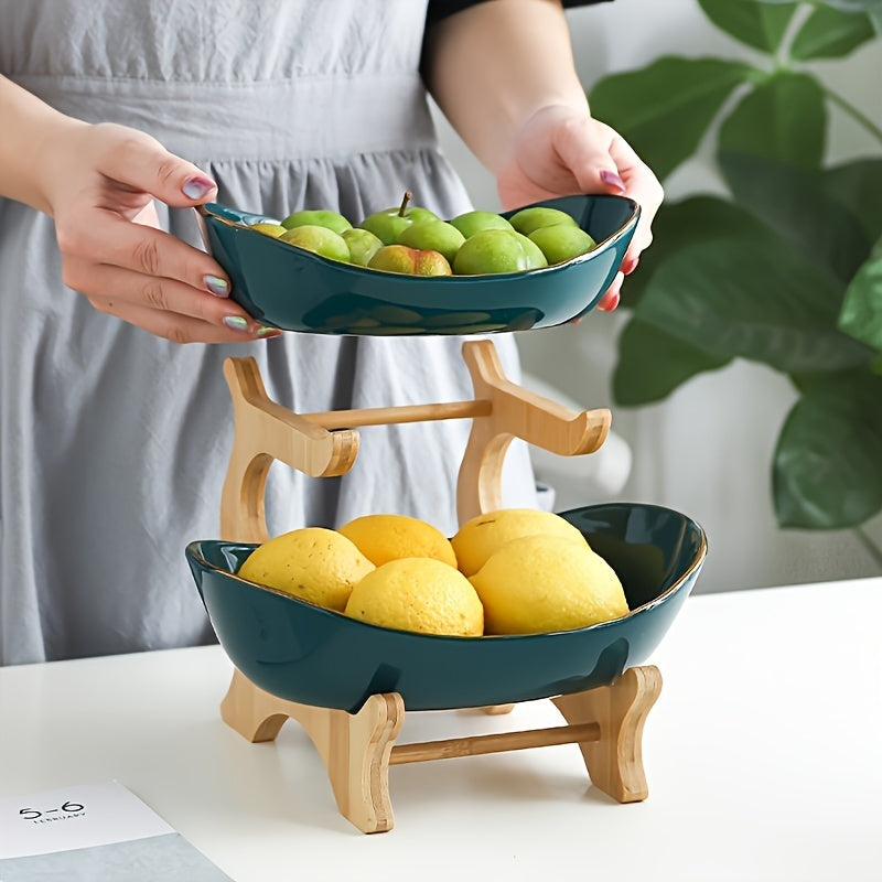 2-3 Tier Fruit Bowl Stand Kitchen Counter Organizer | Tiered Fruit Basket Bread Tray Candy Display | Space-Saving Countertop Storage | Easy Assembly | White Green | Birthday Housewarming Gift