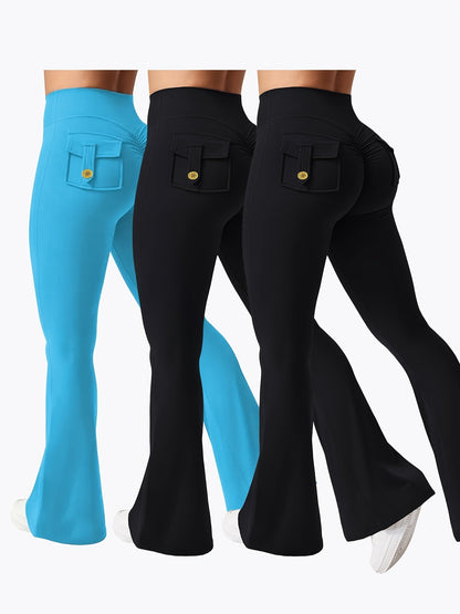 Women's 3-Piece High Waist Flare Yoga Pants Set with Belt and Pockets, Scrunch Butt Lifting Squat Proof 90% Polyester Stretchy Flared Leggings for Workout Gym Running Casual Wear
