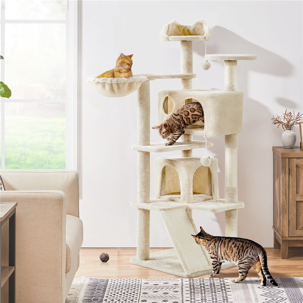 57-Inch Multilevel Cat Tree Tower with 2 Condos – Sisal Scratching Posts, Dangling Ball, Round Platform & Ladder for Indoor Kittens & Small Cats, 6 Colors, Christmas Gift for Cat Lovers